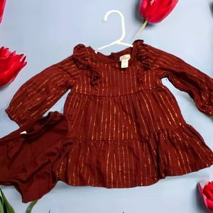 Cat & Jack Baby Girl Burgundy and Gold Lurex Long Sleeve Dress, Size 6-9M